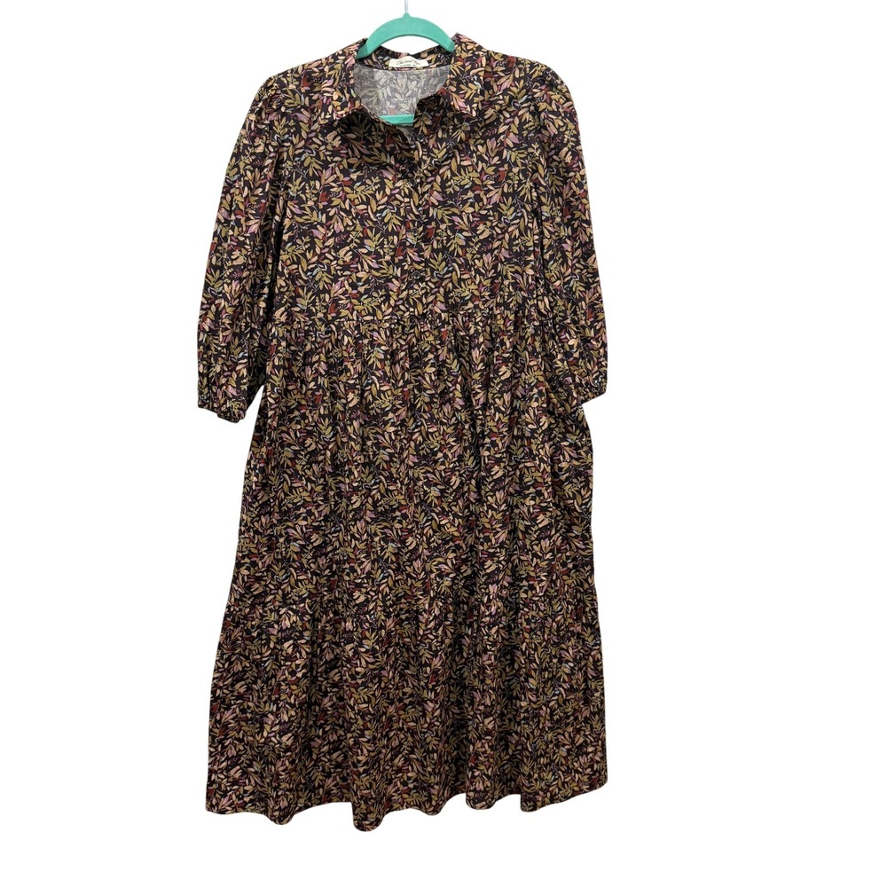 Doe and Rae Floral Leaf Print Tiered Midi Dress Brown Multi Small S11814T